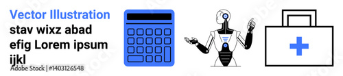 Calculator symbolizing math, robot indicating AI and innovation, medical briefcase denoting healthcare. Ideal for education, AI, healthcare, technology, finance, innovation simple landing page