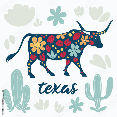 Texas Floral Longhorn Bull Folk Art Cacti Southwestern Illustration