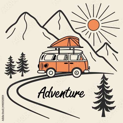 Adventure Awaits Vintage Orange Campervan Mountain Road Trip Pine Trees Sunny Line Art Graphic