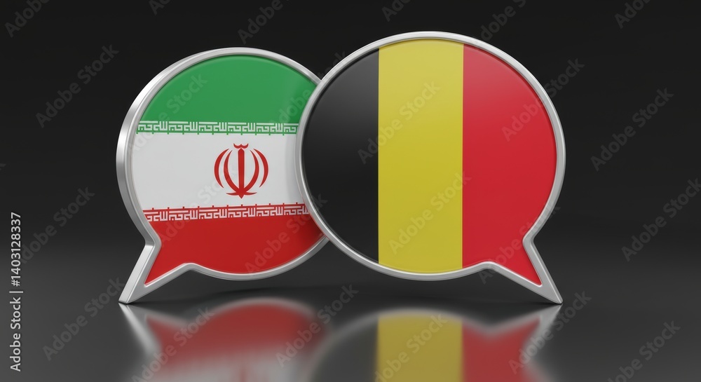 Diplomatic dialogue: Iranian and Belgian flags in overlapping speech bubbles Diplomatic dialogue: Iranian and Belgian flags in overlapping speech bubbles