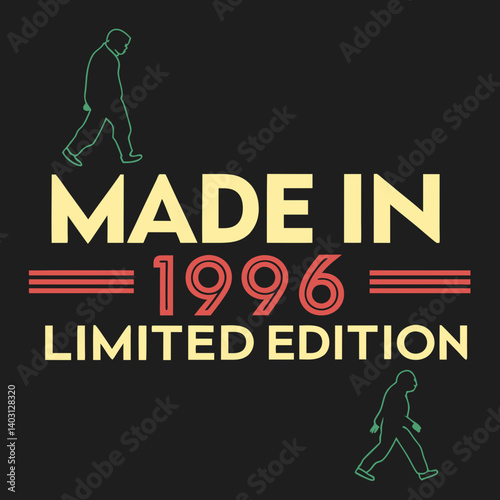 1996 Limited Edition Retro Vintage Birthday Graphic T-Shirt - Walking Silhouette Figures on Black Background