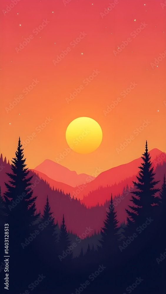 Sunset over the Mountains: A breathtaking digital illustration of a vibrant sunset casting a warm glow over majestic mountain ranges, creating a serene and picturesque scene. Sunset over the Mountains: A breathtaking digital illustration of a vibrant sunset casting a warm glow over majestic mountain ranges, creating a serene and picturesque scene.