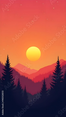 Sunset over the Mountains: A breathtaking digital illustration of a vibrant sunset casting a warm glow over majestic mountain ranges, creating a serene and picturesque scene.
