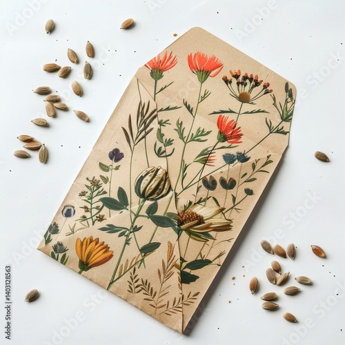 Rustic Seed Packet with Botanical Illustrations and Scattered Seeds for Gardening and Environmental Themes