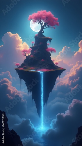 Heavenly Oasis: A surreal vista unfolds as a vibrant pink-blossomed tree crowns a floating island.