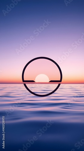 Celestial Embrace: A minimalist graphic, an ethereal panorama of a pastel sunset merging with the vast expanse of the tranquil sea, and a contemporary minimalist design.