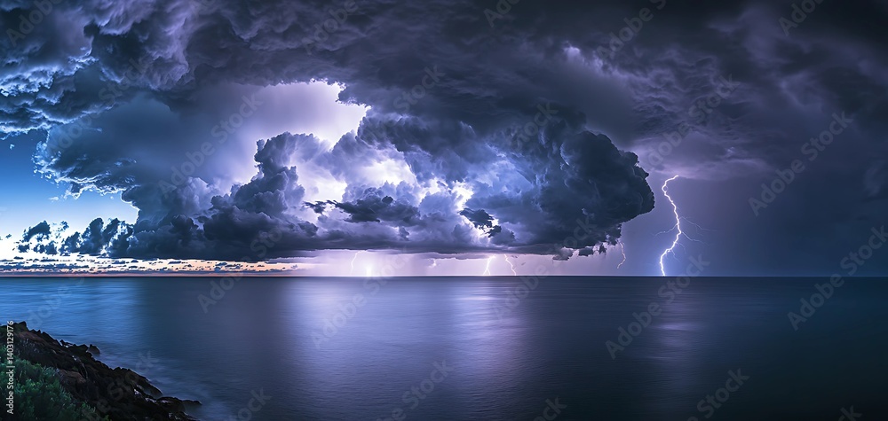 Naklejka premium A panoramic view of a lightning storm over the ocean under heavy dark clouds.