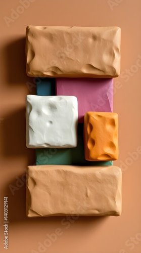 Artistic Clay Composition: An assortment of colorful clay blocks artfully arranged, showcasing the tactile nature and visual allure of this versatile medium.