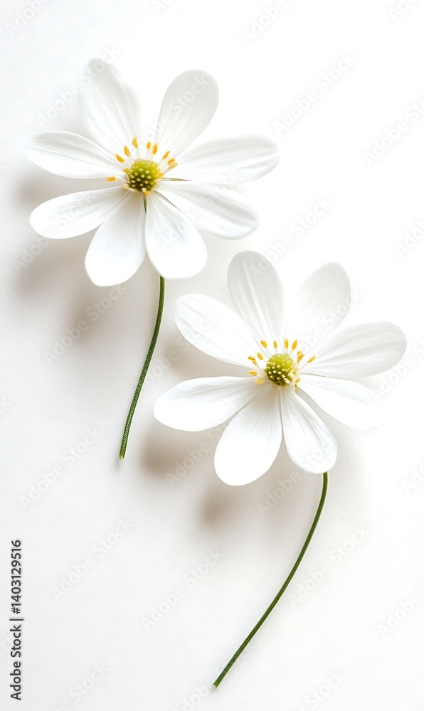 Obraz premium Elegant White Flowers with Yellow Accents on White Background in Minimalist Style