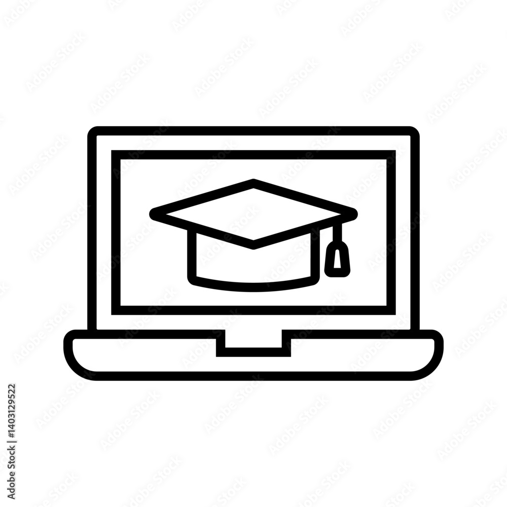 laptop icon with graduation cap, online learning icon, e-learning, simple flat style, illustration, logo sign symbol pictogram template, for ui or ux isolated on white for mobile app, editable laptop icon with graduation cap, online learning icon, e-learning, simple flat style, illustration, logo sign symbol pictogram template, for ui or ux isolated on white for mobile app, editable