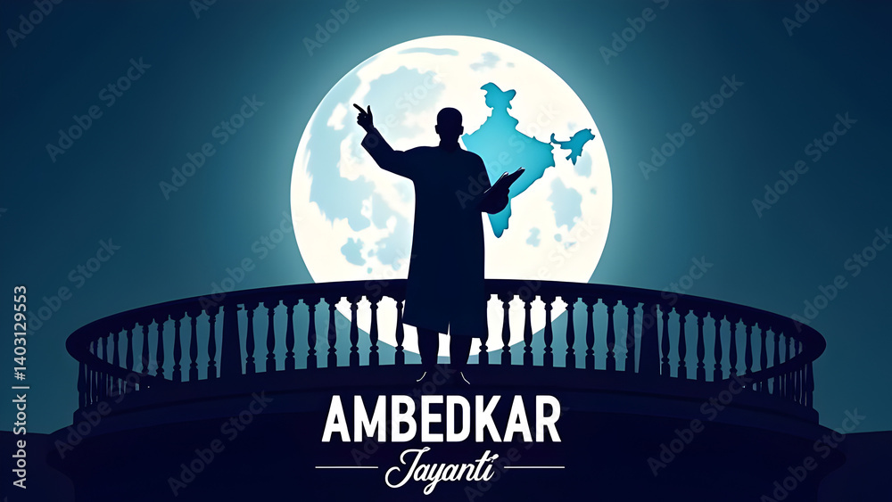 Ambedkar Jayanti Greeting Card Illustration with Silhouette of Dr. B. R. Ambedkar Standing in Front of Parliament Building, Full Moon and India Map in Background, Celebrating Social Justice Equality.