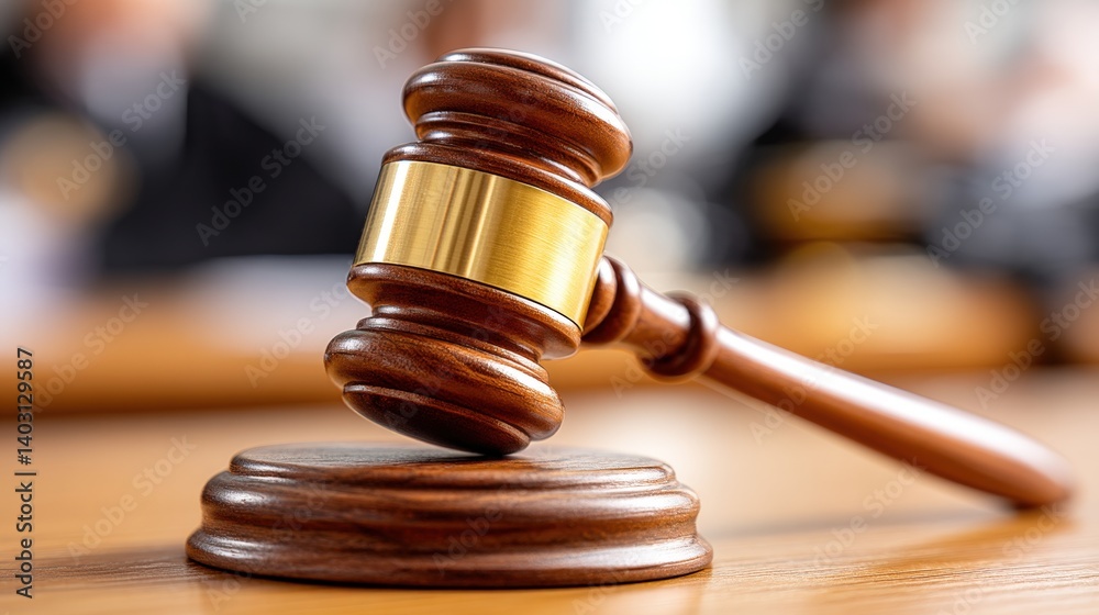 A close-up of a wooden gavel with a golden band, symbolizing justice and authority, set on a blurred courtroom background. A close-up of a wooden gavel with a golden band, symbolizing justice and authority, set on a blurred courtroom background.