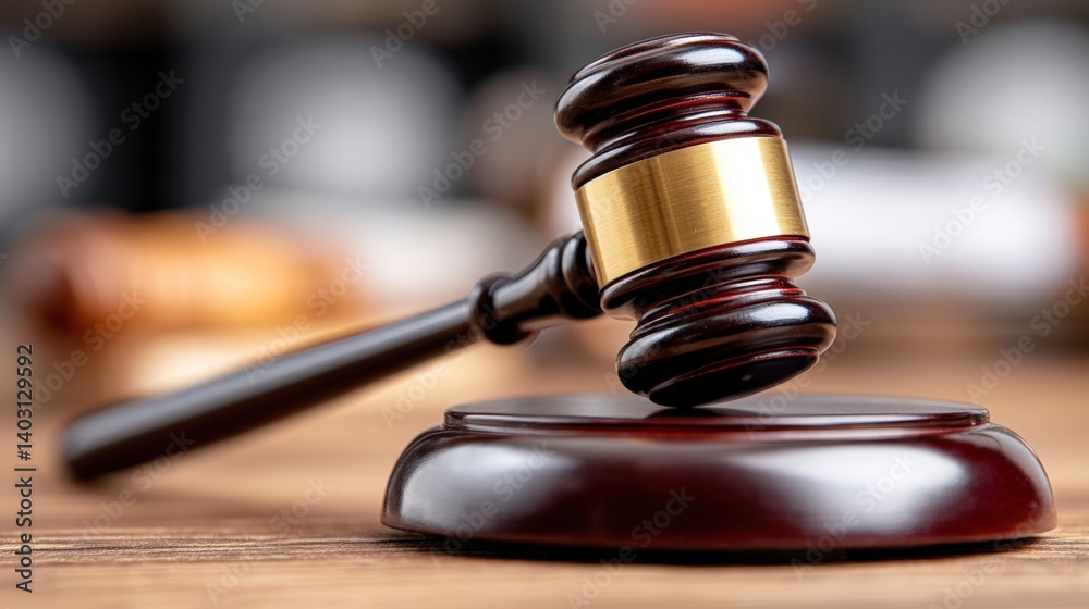 A close-up of a wooden gavel resting on its sound block, symbolizing justice and authority in a courtroom setting. A close-up of a wooden gavel resting on its sound block, symbolizing justice and authority in a courtroom setting.