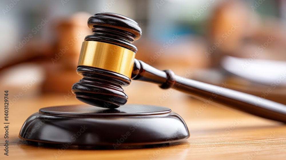 A wooden gavel rests on a polished surface, symbolizing justice and authority in a courtroom setting. A wooden gavel rests on a polished surface, symbolizing justice and authority in a courtroom setting.