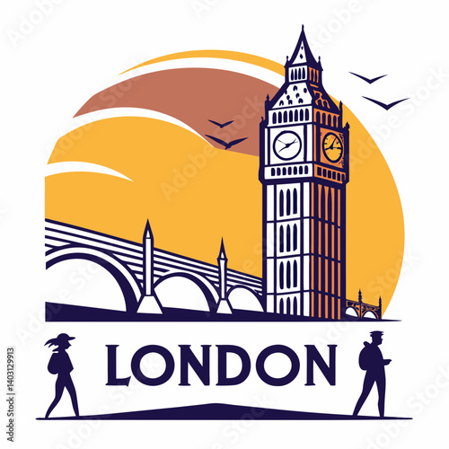 Vintage Travel Poster Style Vector Illustration London Skyline Big Ben Westminster Bridge Sunset Travel Landmarks UK England Tourism