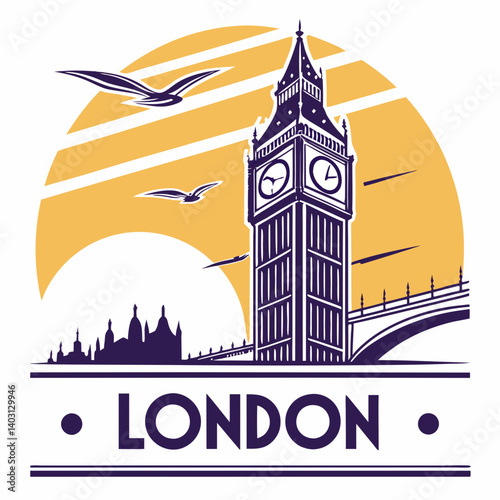 Vintage Vector London Big Ben Illustration - Retro Style Travel Poster of London City Skyline, Big Ben, Birds, Sun, Thames River Bridge Graphic Art Print