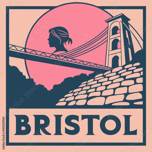 Bristol Clifton Suspension Bridge Retro Woman Silhouette Pink Blue Art