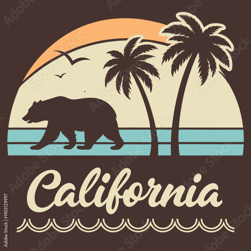 Retro California Coastal Bear Palm Trees Ocean Sunset Graphic Illustration