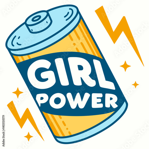 Vibrant Cartoon Girl Power Battery Illustration Lightning Bolts Stars Empowerment