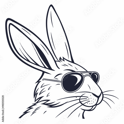 Black and White Line Art Animal Illustration Cool Rabbit Aviator Sunglasses Headshot Vector Image