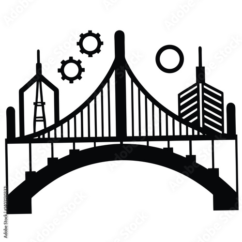 Black and White Bridge Silhouette Vector: Cityscape, Gears, Modern Architecture, Urban Design, Engineering Icon, Minimalist Illustration