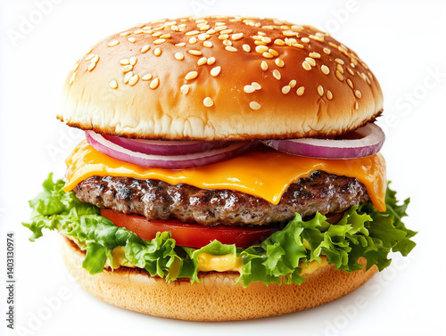 Juicy beef cheeseburger with fresh lettuce, tomato, and sesame bun, isolated on a white background