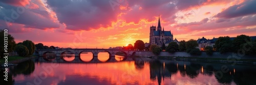 Sunset over Bordeaux, St Michel Cathedral reflected in Garonne River, Europe, France, sky