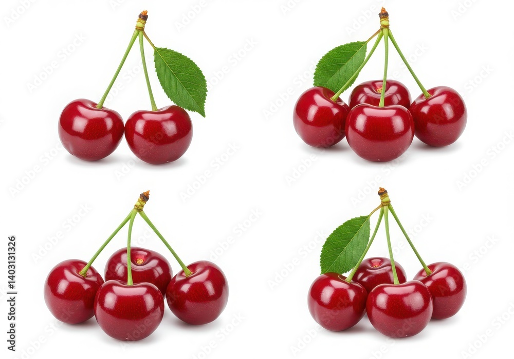 Four groups of ripe cherries with stems and leaves arranged on a bright white background surface Four groups of ripe cherries with stems and leaves arranged on a bright white background surface