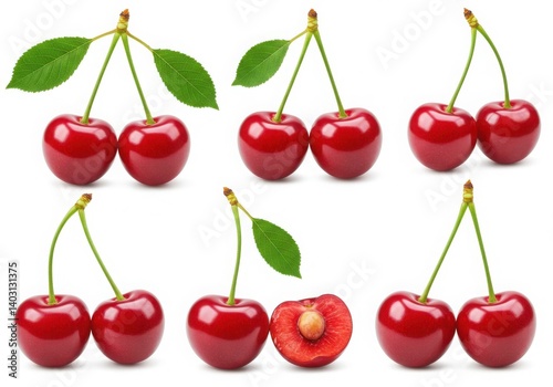 Arrangement of several pairs of red cherries with stems and leaves on a white background close up view