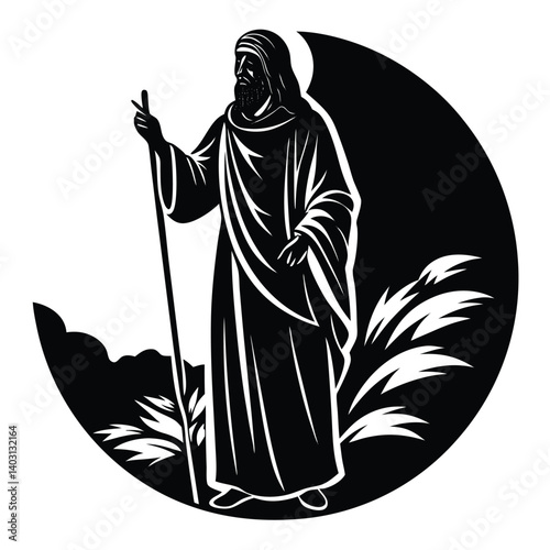 Moses with Staff Black and White Vector Illustration | Religious Icon | Biblical Figure | Prophet Graphic | Christian Art