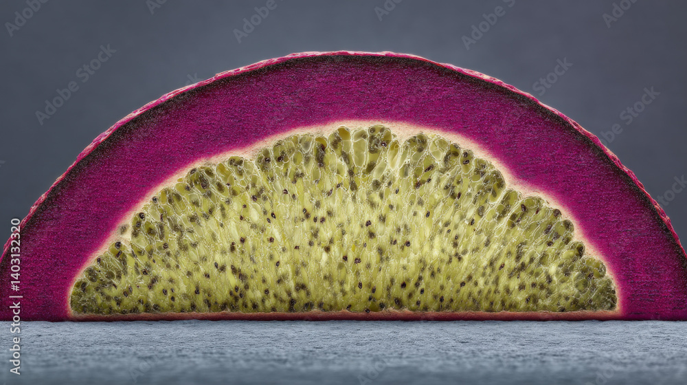 Obraz premium Contemporary artistic photo of a cross-section fruit, exterior skin in metallic magenta with gradient edges, interior speckled with black on creamy yellow