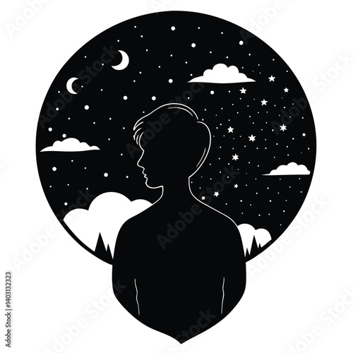 Silhouette of a Person Gazing at Night Sky with Stars, Moon, and Clouds - Vector Illustration, Dreamy, Artistic, Contemplative Scene