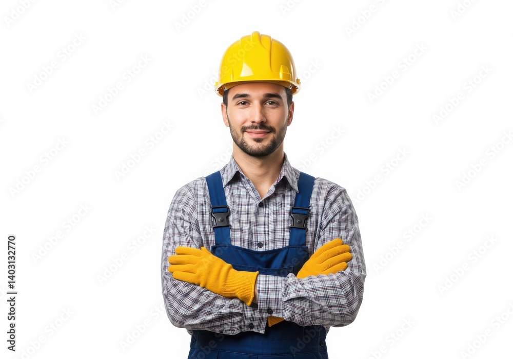Portrait of a construction worker with yellow hard hat and gloves on isolated white background Portrait of a construction worker with yellow hard hat and gloves on isolated white background