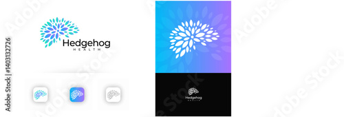 Mental Health Logo With Abstract Hedgehog Shape Made Of Leaves In Blue Gradient For Wellness, Medical, Nature, Spa, Organic, Eco, Beauty Branding And Psychologist Identity Design. Vector Illustration.