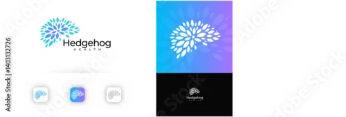 Fototapeta Mental Health Logo With Abstract Hedgehog Shape Made Of Leaves In Blue Gradient For Wellness, Medical, Nature, Spa, Organic, Eco, Beauty Branding And Psychologist Identity Design. Vector Illustration.