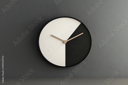 Minimalist black and white wall clock on an empty grey background