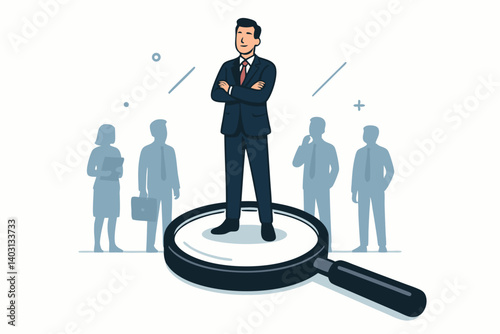 Confident Business Candidate Standing on Magnifying Glass with Professional Team in Background, Symbolizing Recruitment and Talent Selection Concept