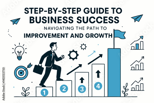 Step-by-Step Business Success Guide with Growth Charts, Target Icons, and Leadership Concept for Strategic Improvement and Professional Development