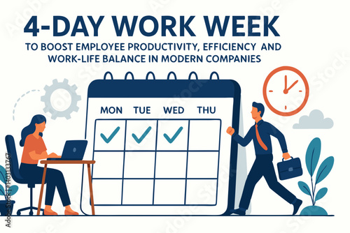 Modern Illustration of a 4-Day Work Week Promoting Employee Productivity, Efficiency, and Work-Life Balance in Contemporary Business Environments