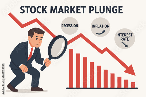 Businessman Analyzing Stock Market Decline with Magnifying Glass, Highlighting Recession, Inflation, and Interest Rate Impact on Falling Graph and Financial Trends