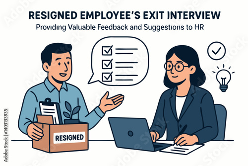 Resigned Employee Providing Feedback During Exit Interview with HR to Improve Workplace Policies and Organizational Development