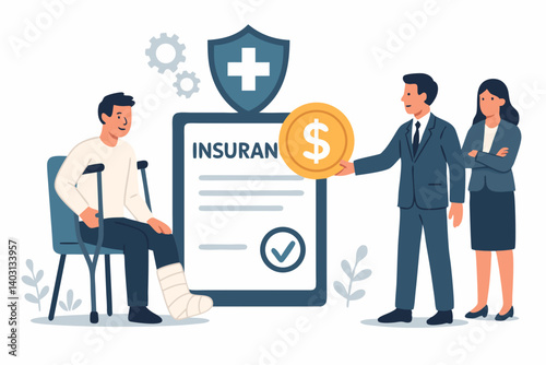 Illustration of Workers' Compensation Benefits Process with Injured Employee, Insurance Document, and Business Professionals in a Workplace Setting