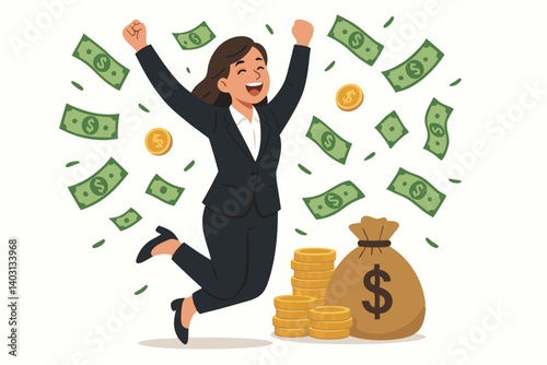 Successful Businesswoman Celebrating Wealth with Money Bag, Gold Coins, and Cash Falling in Excitement