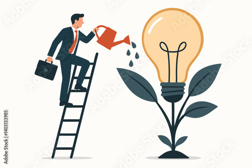 Businessman Nurturing Innovation and Growth Concept with Lightbulb Plant Symbolizing Creative Ideas and Entrepreneurial Success