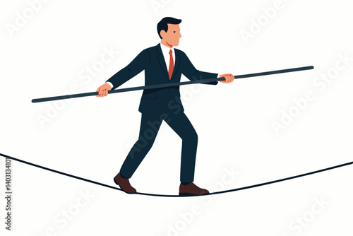 Businessman Balancing on Tightrope with Pole Symbolizing Risk Management, Leadership, and Career Challenges in Professional Life