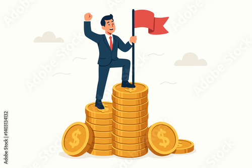 Confident Businessman Standing Victorious on Gold Coin Stack Holding Red Flag Symbolizing Financial Success and Leadership