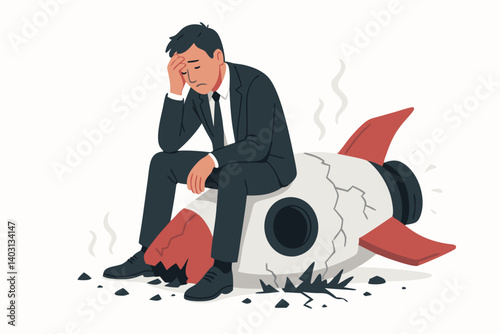 Business Failure Concept Illustration with Sad Businessman Sitting on Crashed Rocket Symbolizing Startup Collapse and Financial Loss