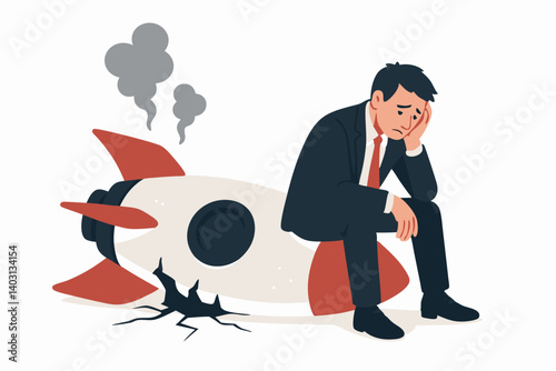 Businessman Sitting on Crashed Rocket Representing Failure, Setback, and Lost Ambitions in Corporate or Startup Ventures, Conceptual Illustration of Professional Challenges and Disappointment