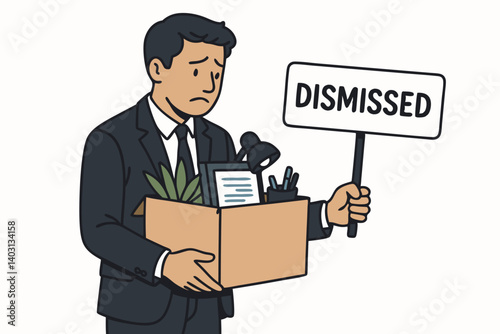 Professional Businessman Holding Dismissed Sign and Office Belongings in Box, Symbolizing Job Termination, Unemployment, and Workplace Challenges in Corporate Environment