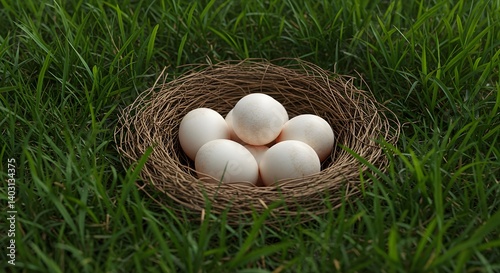 Five white eggs nestled in a bird's nest in a vibrant green grass.  A peaceful, natural scene.